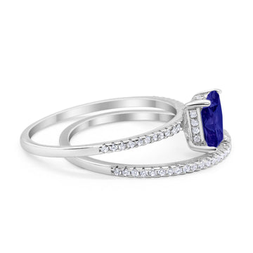 Art Deco Two Piece Wedding Radiant Simulated Blue Sapphire CZ Ring 925 Sterling Silver